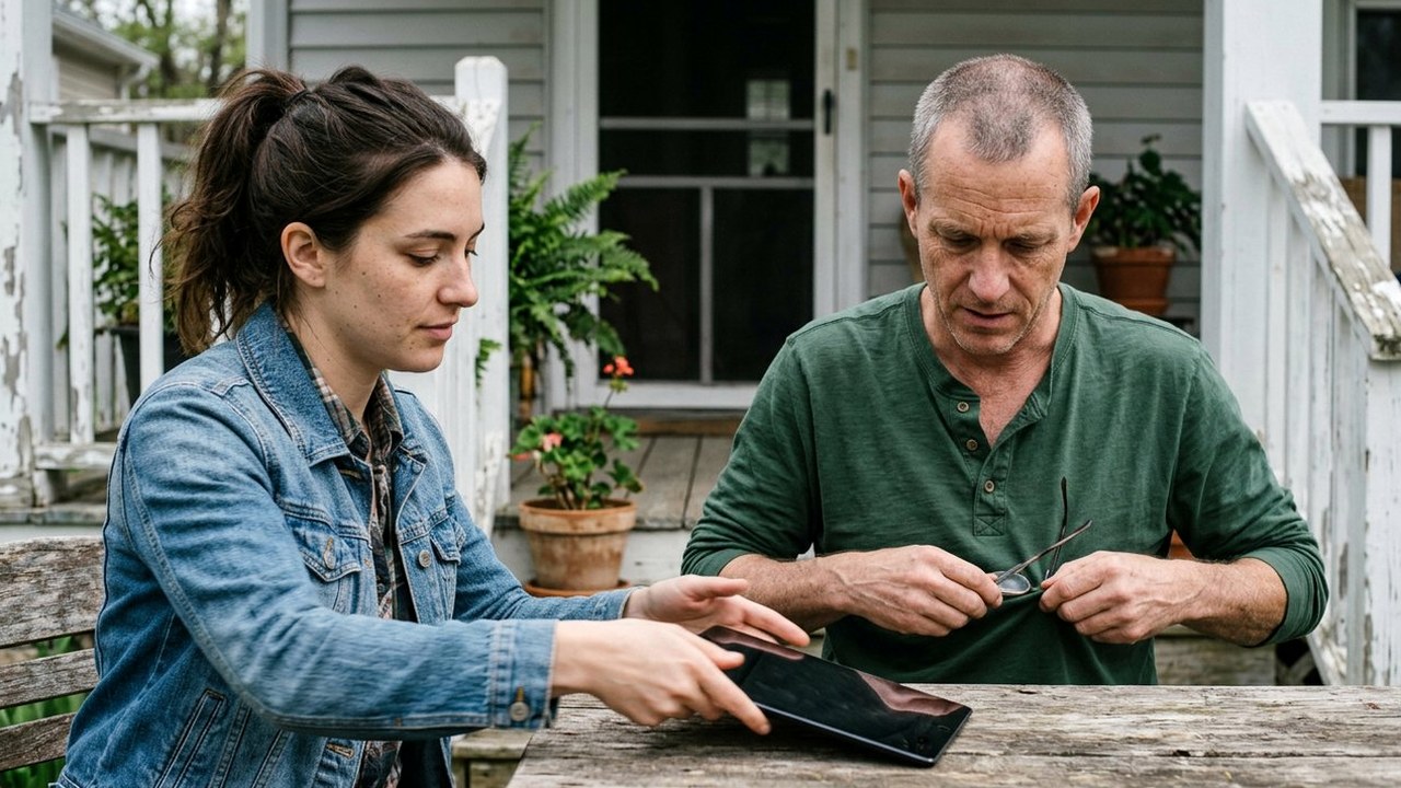 Two colleagues at a porch table with a tablet and glasses