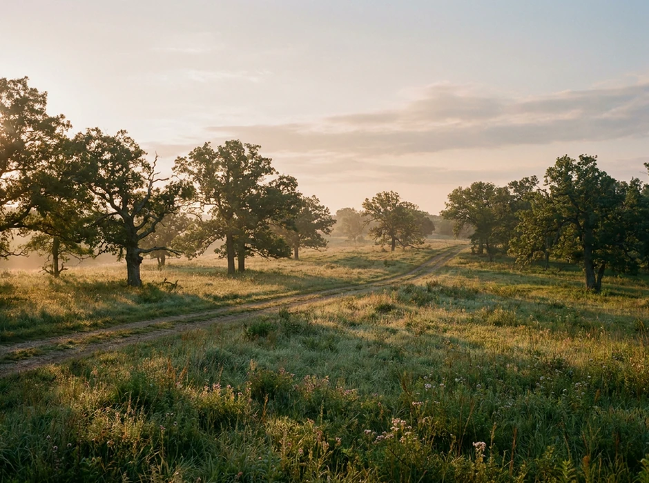 Oak savanna at sunrise with scattered trees across grassland.