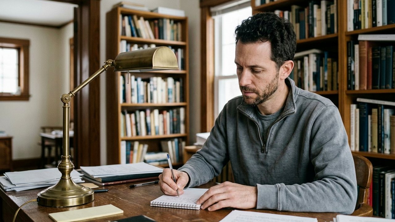 Man writing in a notebook at a lamp-lit home study desk
