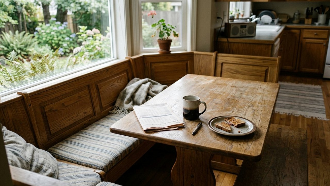 Empty breakfast nook with coffee mug and folded financial magazine