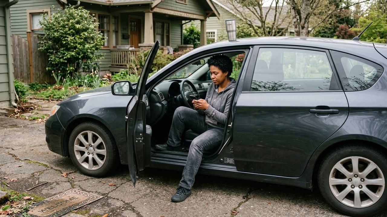 Engineer in a parked car reading a document on her phone