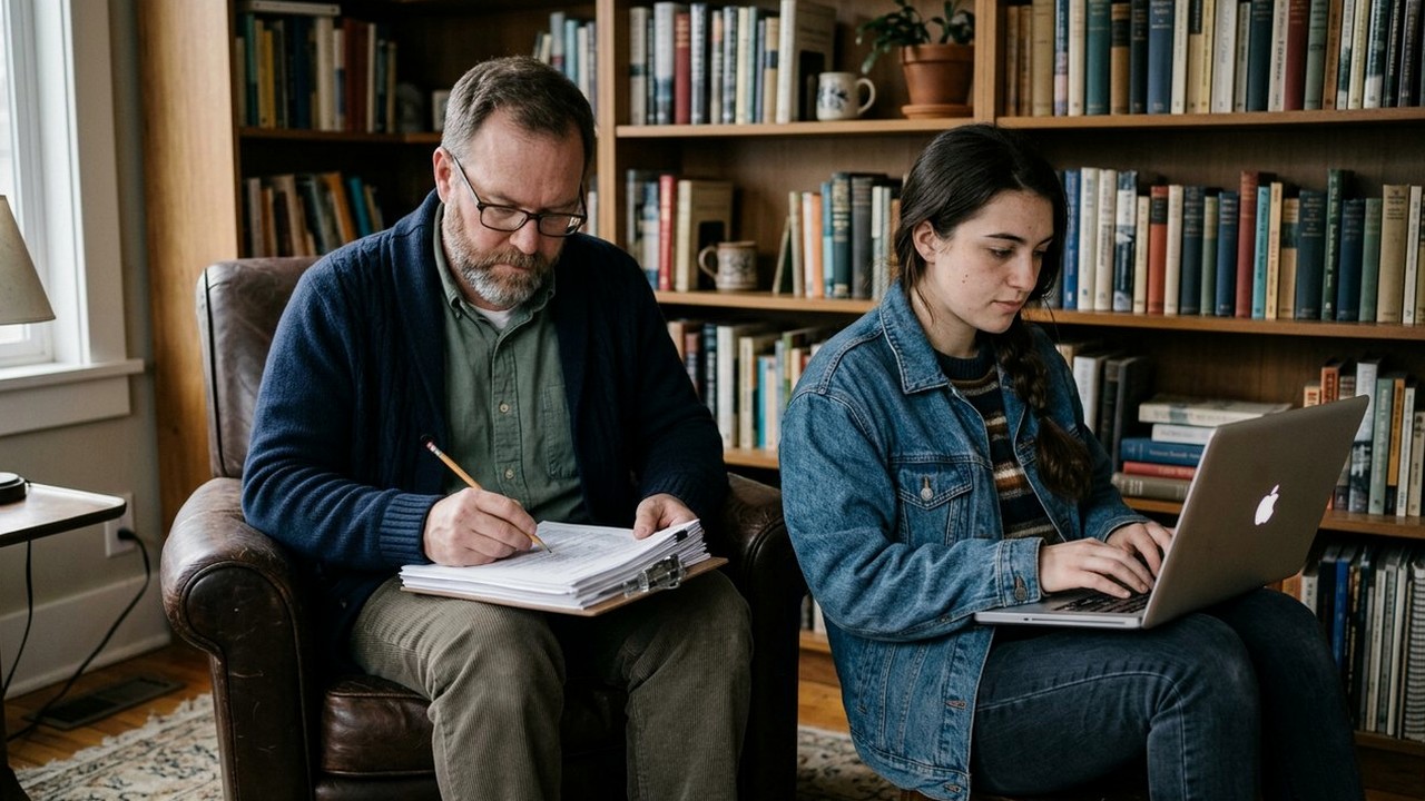 Father and adult daughter reviewing reports in a home library corner