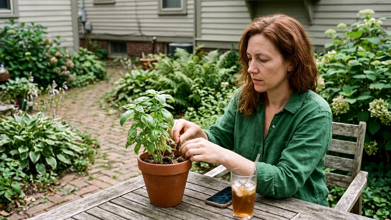 Woman in green shirt trimming basil at a garden table