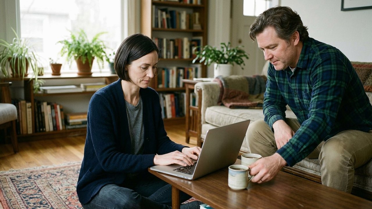 Couple in a living room with a laptop and tea mugs