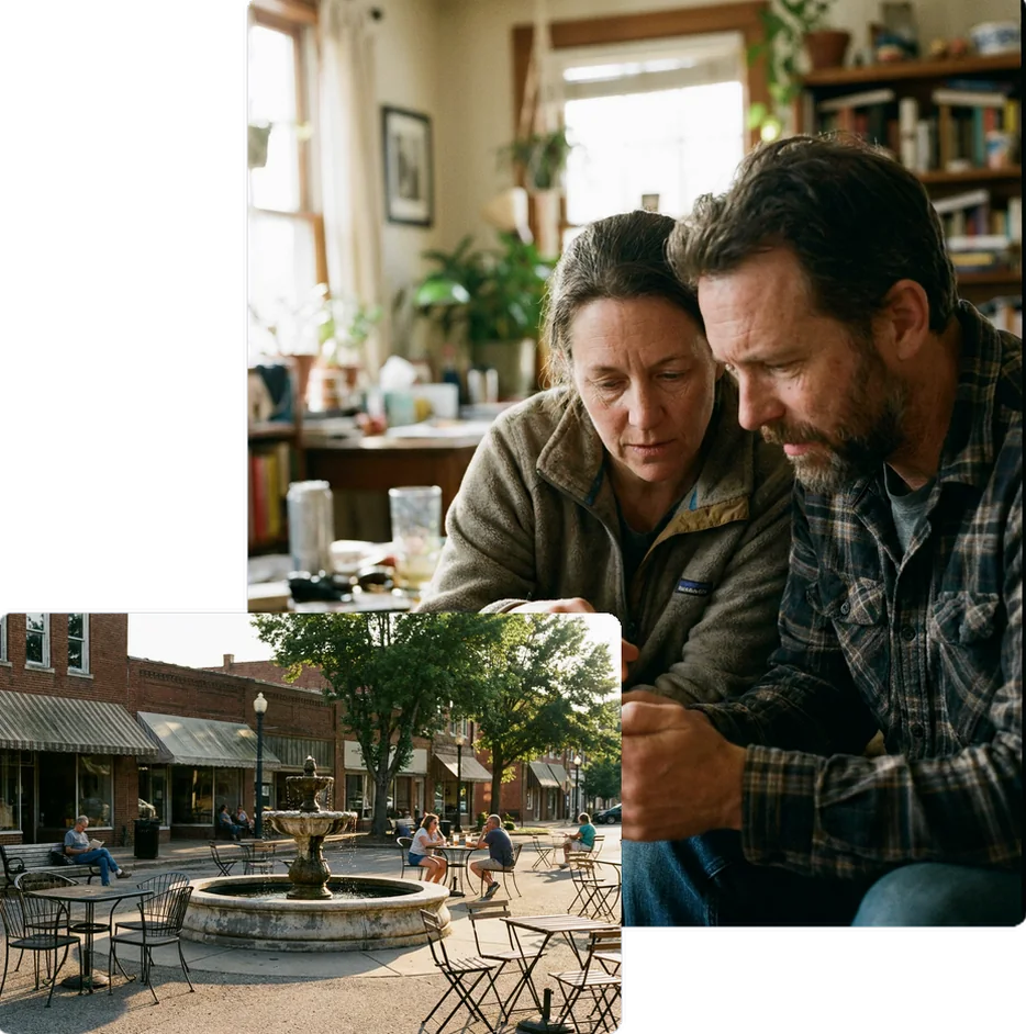 Two people looking together at a phone screen.